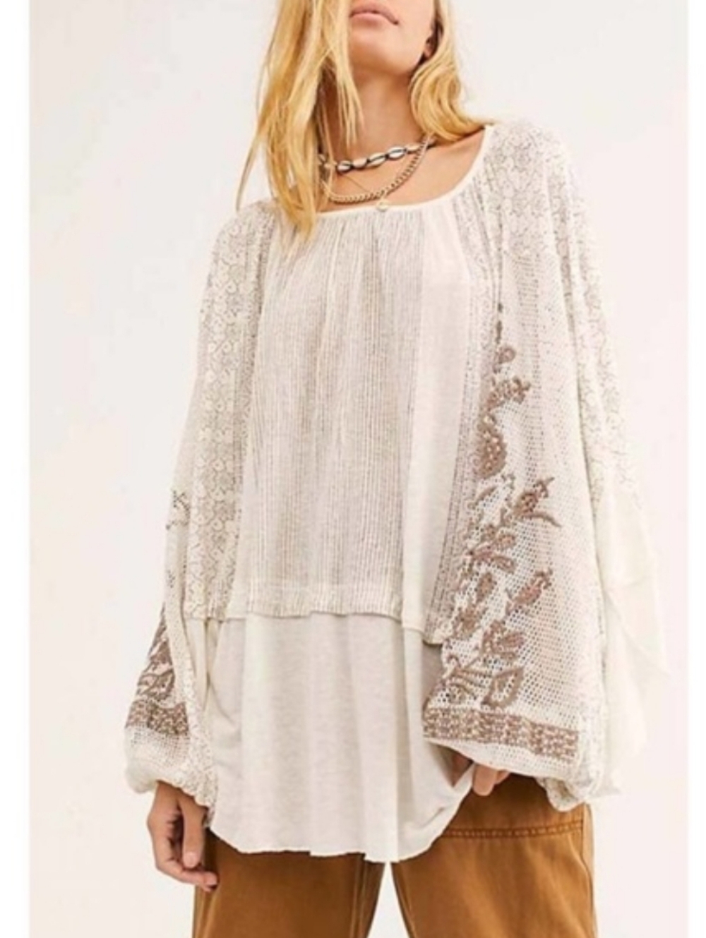 Free People Embroidered Hi-Low Indigo Dreams Top Size S